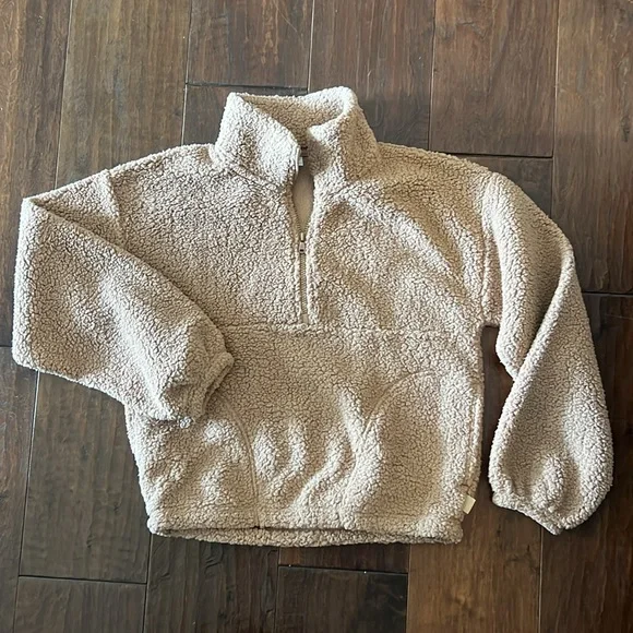 Hollister Gilly Hicks Cozy Fleece Sherpa 1/2 Zip Matching Shorts W/ Pockets Tan - Picture 2 of 6